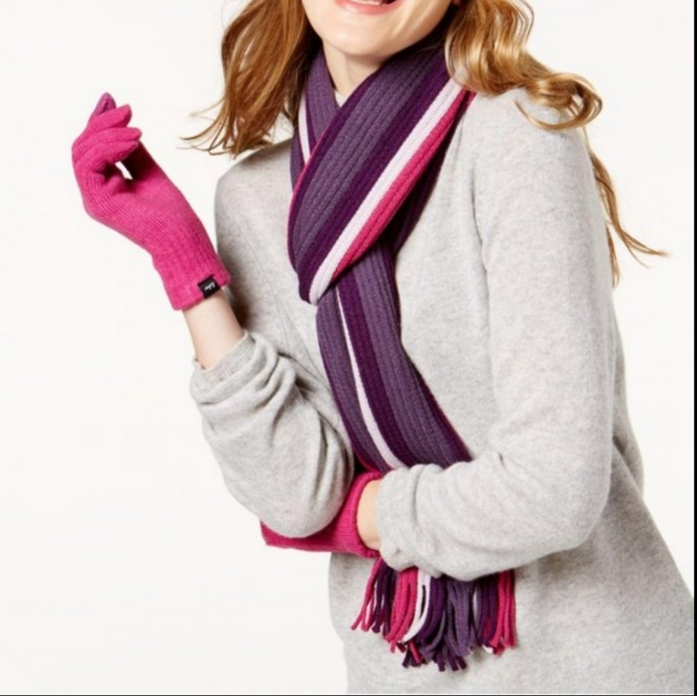 Echo Soft Knit Neck Scarf & Gloves Purple Pink Stripes 10x72